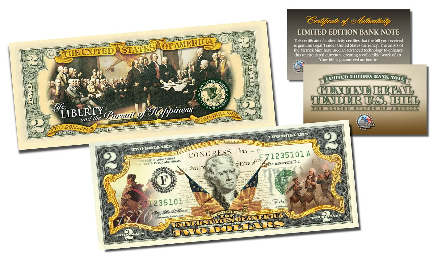 1776-2016 DECLARATION OF INDEPENDENCE * 240th ANNIV * Genuine US $2 Bill 2-SIDED