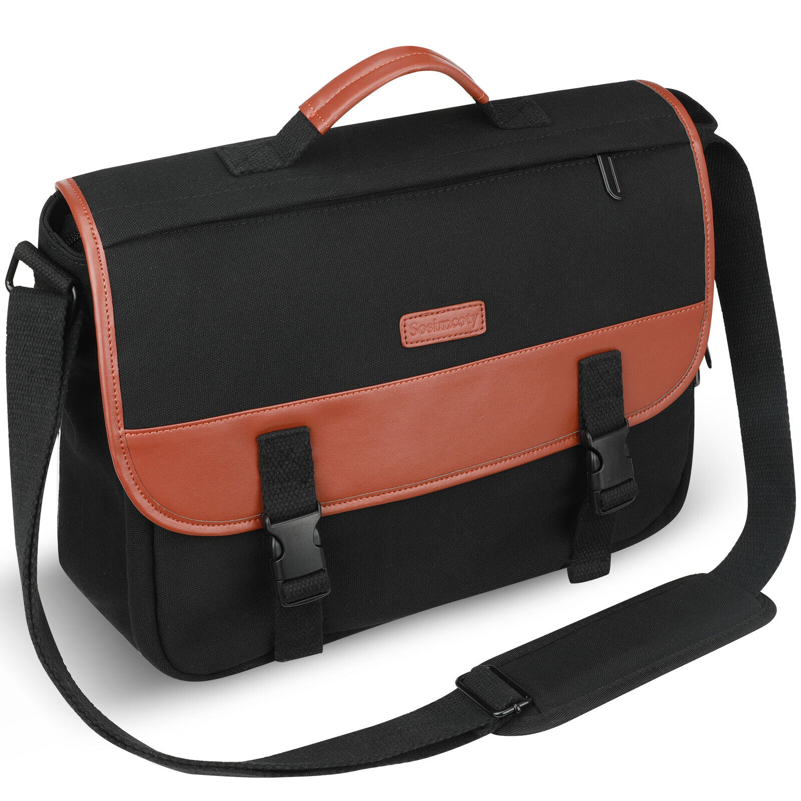 13-14 Inch Laptop Briefcase Fashion Canvas Splicing Leather Shoulder Bag