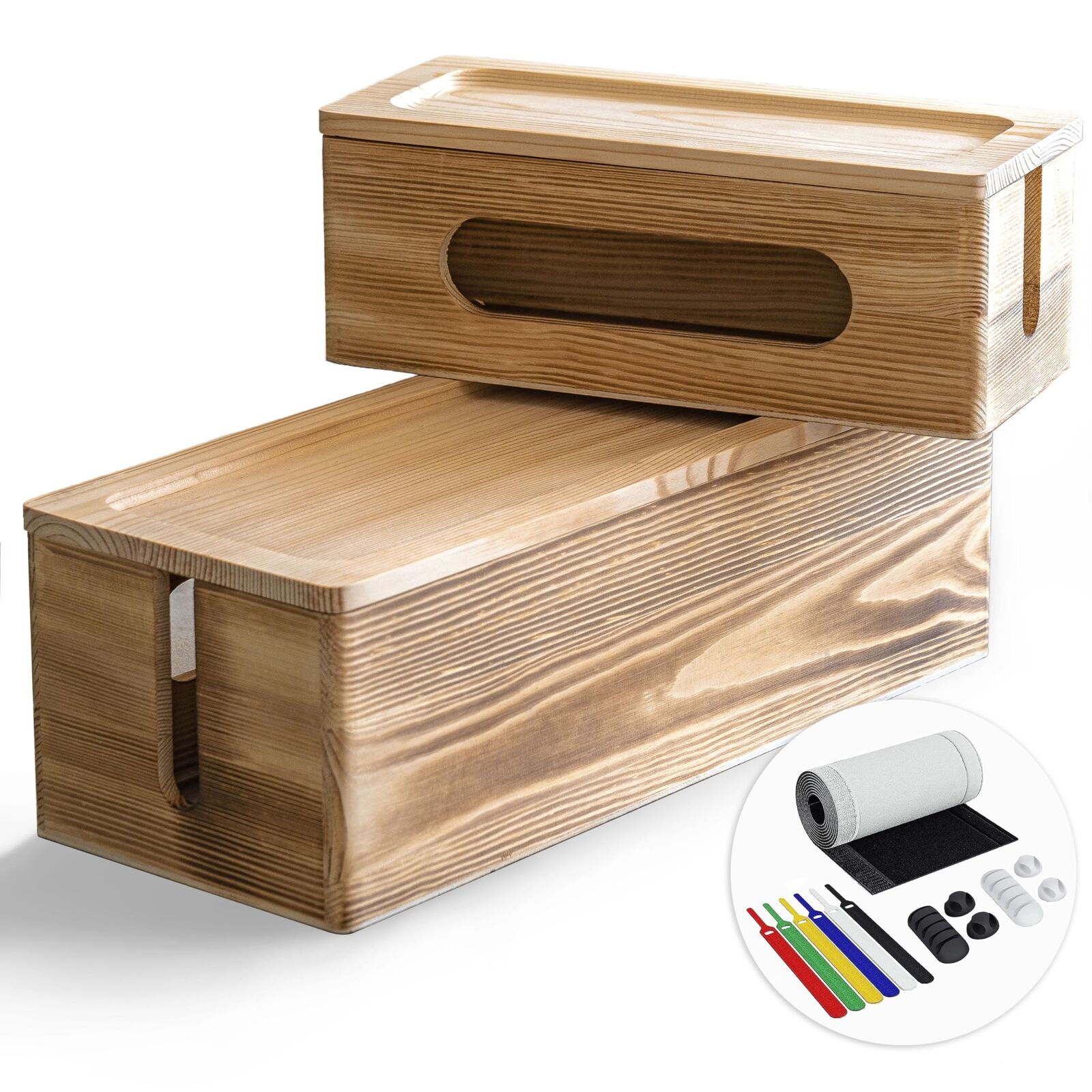 | Wood Cable Management Box Dark Brown [Set of Two] Large & Medium Cord Organ...