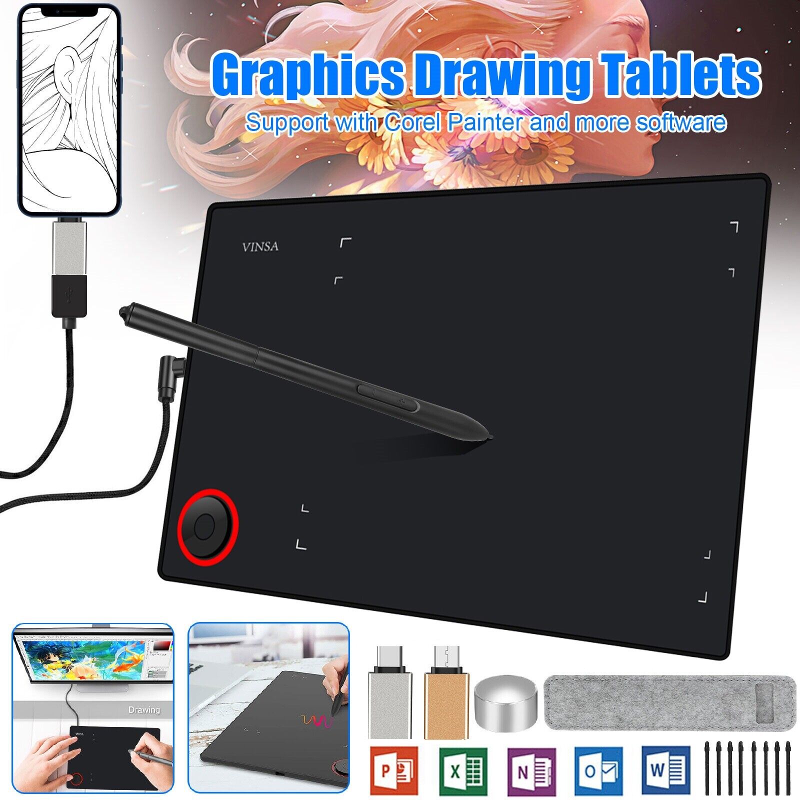 10x6'' Digital Graphics Drawing Tablet Stylus Painting Board Tablet Pressure Pad