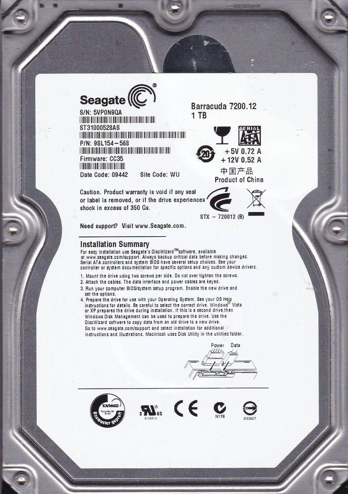 FOR DATA RECOVERY ST31000528AS p/n: 9SL154-568 s/n: 5VP WU 1TB 2009 3.5 BAD SECT