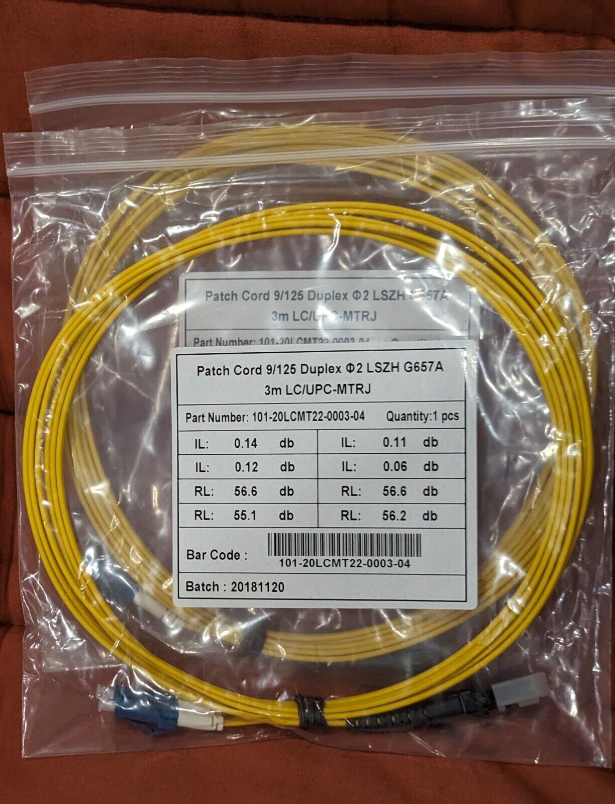 Fiber Optic LC /UPC - MTRJ, Duplex Singlemode patch cord, 2mm jacket, 3 meter