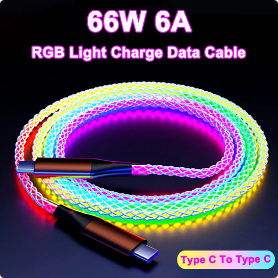 RGB Light Up Type C to Type C 66W 6V Charging Data Transfer Cable Phone Computer