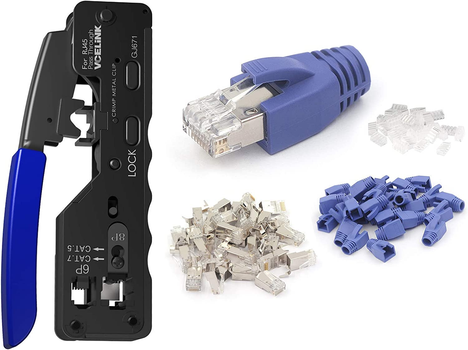Ethernet RJ45 Pass through Crimping Tool Bundle with 30-Pack Nickel Plated Shiel