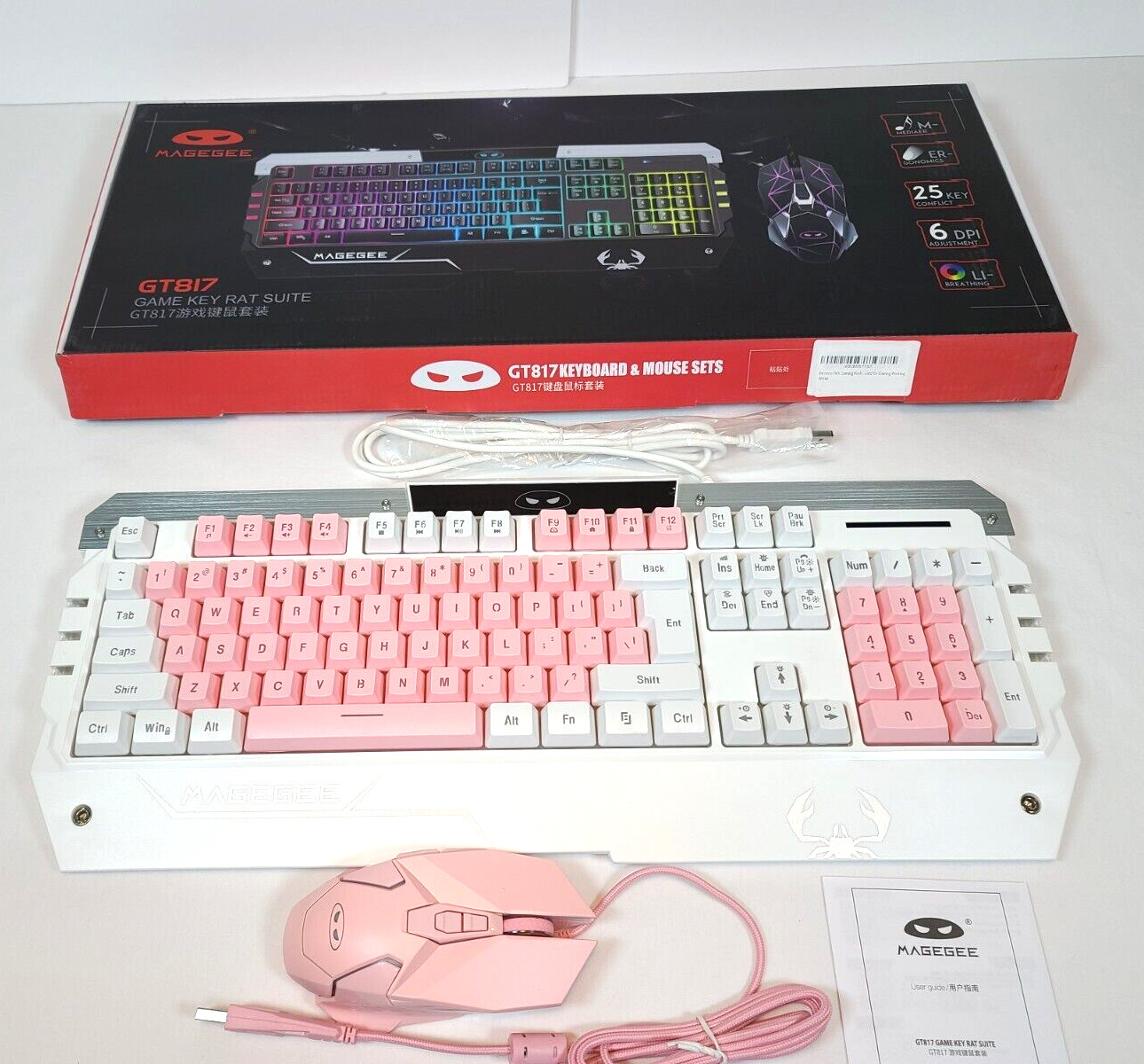 Gaming Keyboard & Mouse Set (GT817) Rainbow LED RGB Backlit Wired Pink & White