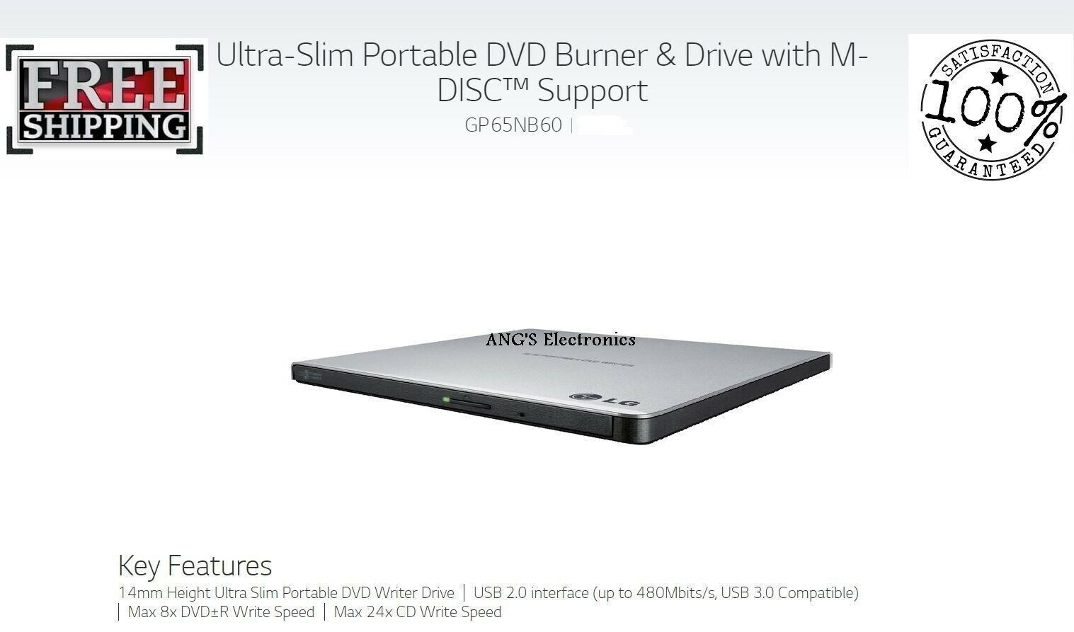 LG USB 2.0/3.0 Ultra Slim External DVDRW Drive CDRW CD DVD Burner Writer GP65