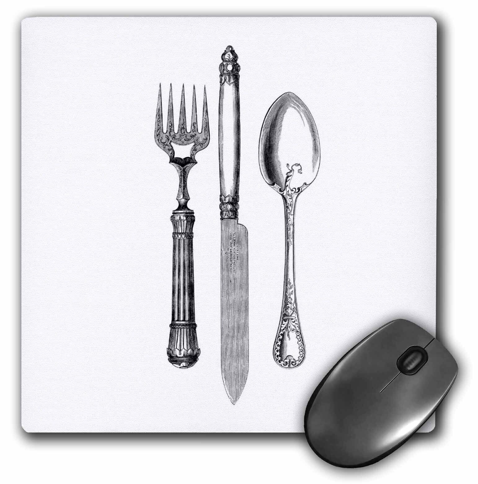 3dRose Black and white vintage cutlery set - fancy fork knife and spoon drawing