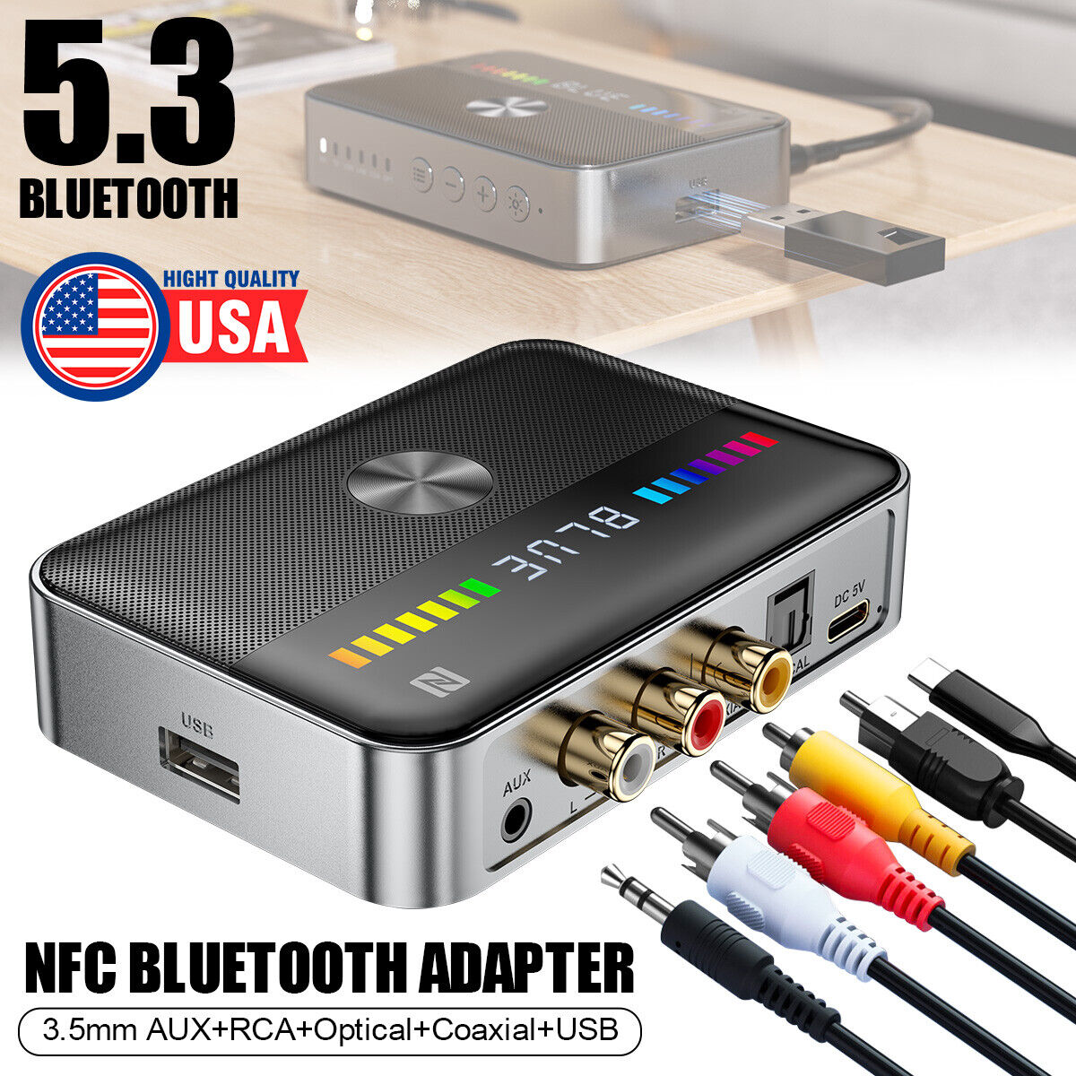 Bluetooth 5.3 Transmitter Receiver Adapter USB NFC 3.5mm AUX RCA Coaxial Optical