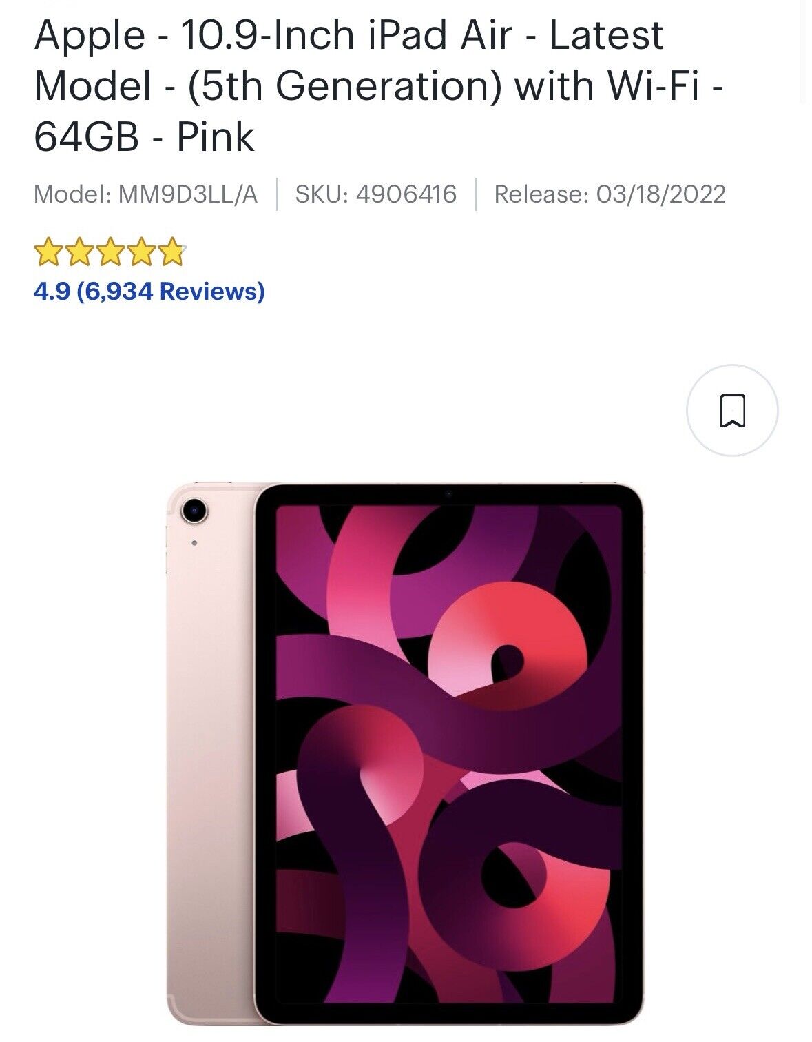 Apple iPad Air 5th Gen. 64GB, Wi-Fi, 10.9in - Pink