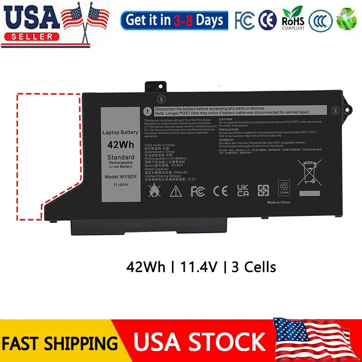 For Dell Latitude 5420 5520 11.4V 42Wh Laptop Battery Type WY9DX 005R42 0M3KCN