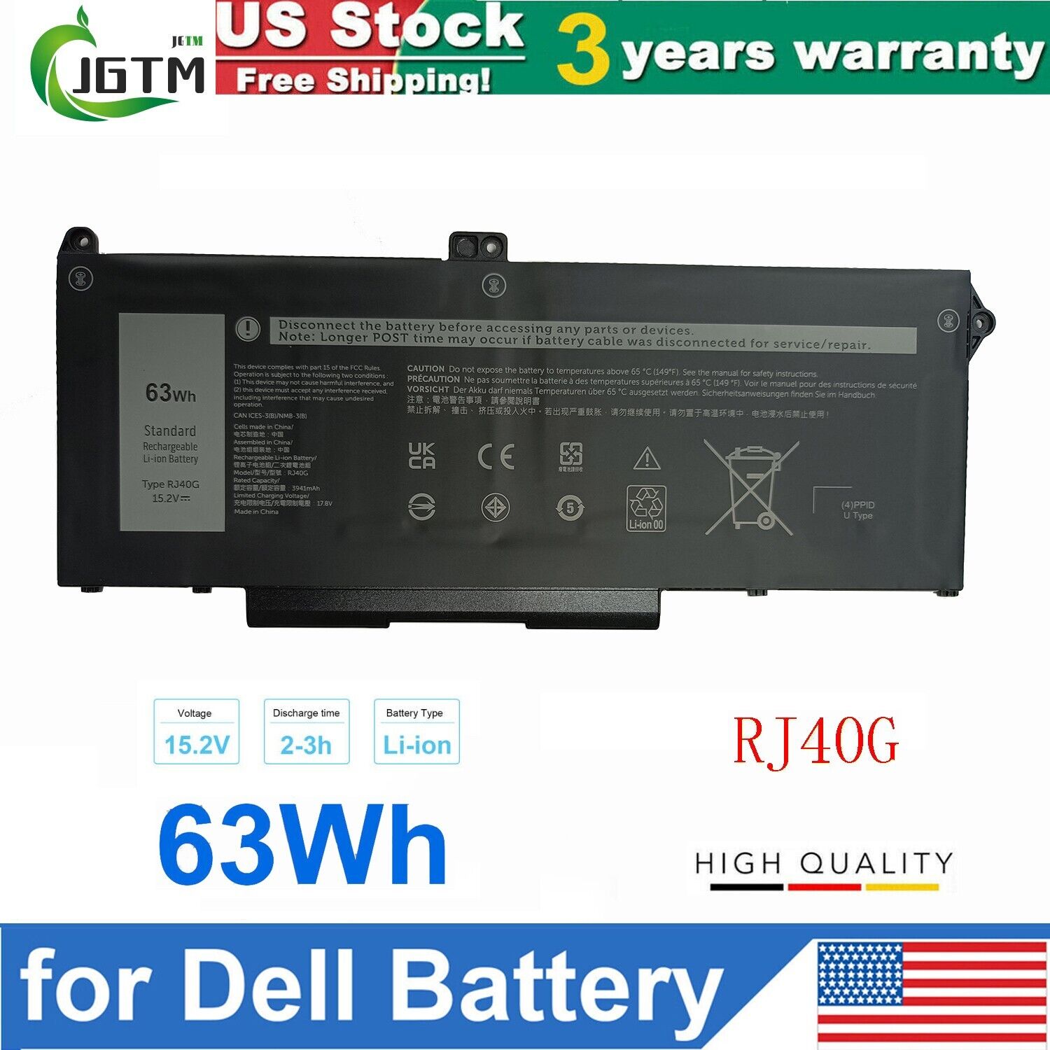 RJ40G Laptop Battery For Dell Latitude 5420 5520 Precision 3560 63Wh 4Cell M033W