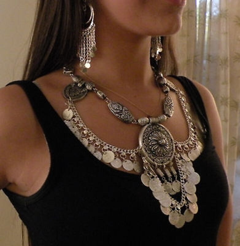 Silver Tone Medallion Necklace w/ Antique Finish Tribal Gypsy Boho Metal Jewelry