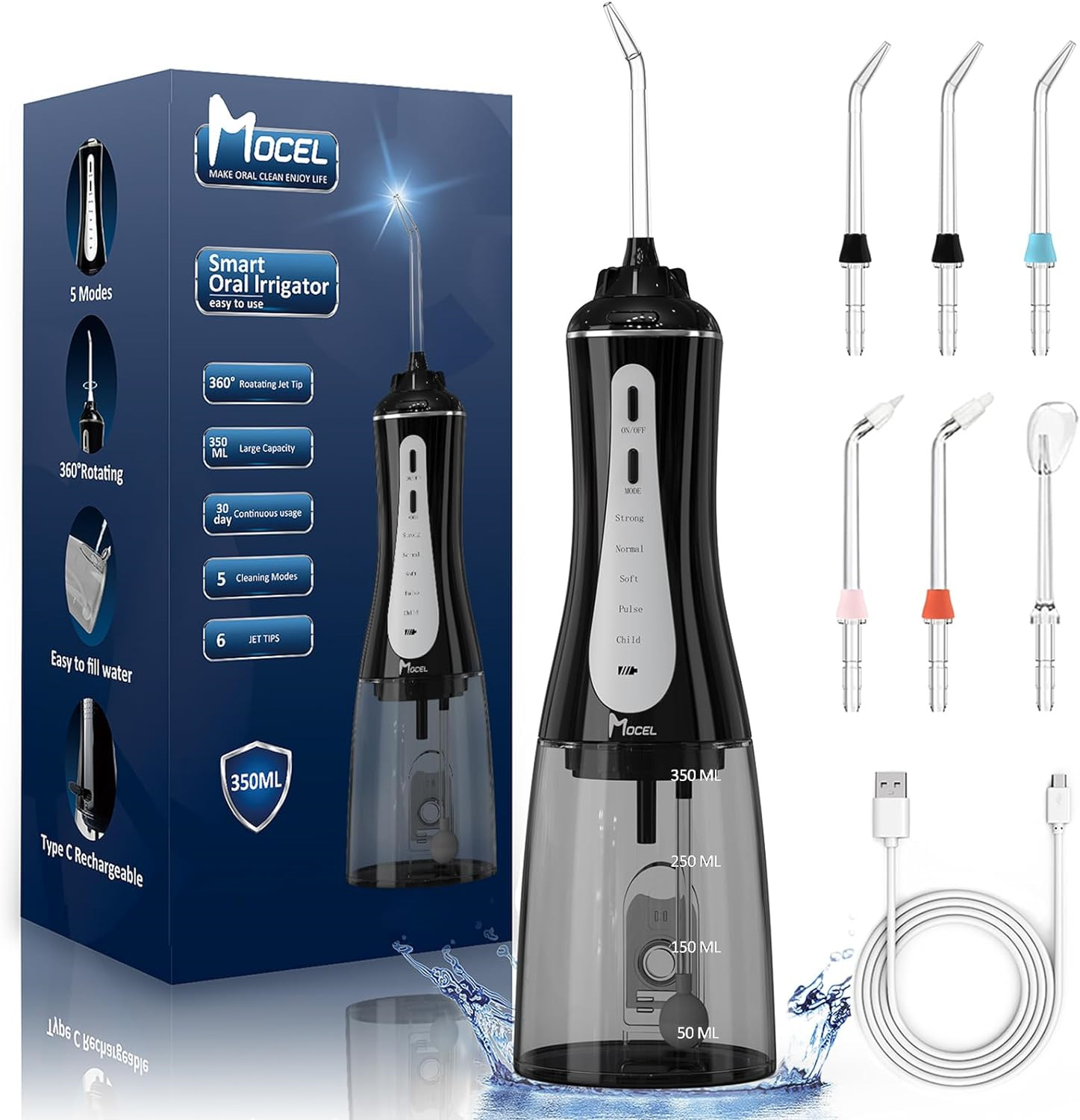 MOCEL Water Dental Flosser Oral Irrigator with 5 Modes, 350ml Cordless Water 6 &