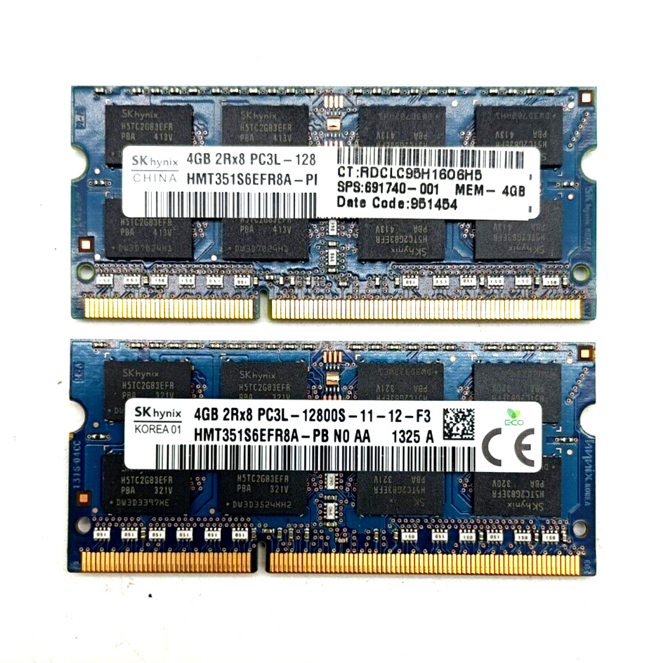 2-Pack Hynix 4GB (2x4GB) Laptop Memory 641369-001 DDR3 SODIMM LOT KIT 1600MHz