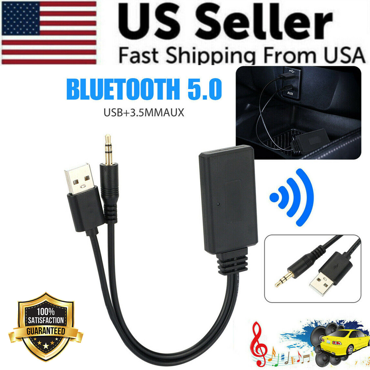 2 In 1 USB Bluetooth 5.0 Transmitter Receiver Adapter Wireless For PC Car Kit