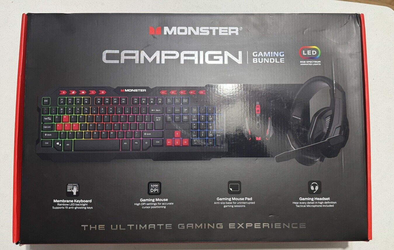 Monster Campaign Gaming 4 Piece Set-Keyboard,Mouse,Headset,Mouse Pad