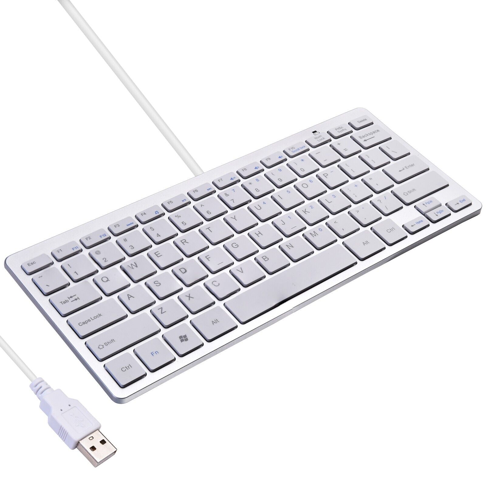 Ultra Thin Mini USB Wired Compact Keyboard for PC Mac Laptop 78 Key Silver White