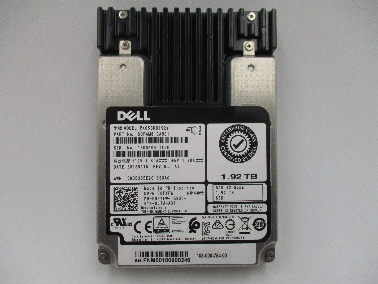 Dell PX05SRB192Y 1.92Tb 2.5” 12Gb/s SAS SSD Dell P/N : 00FYFW Tested Working