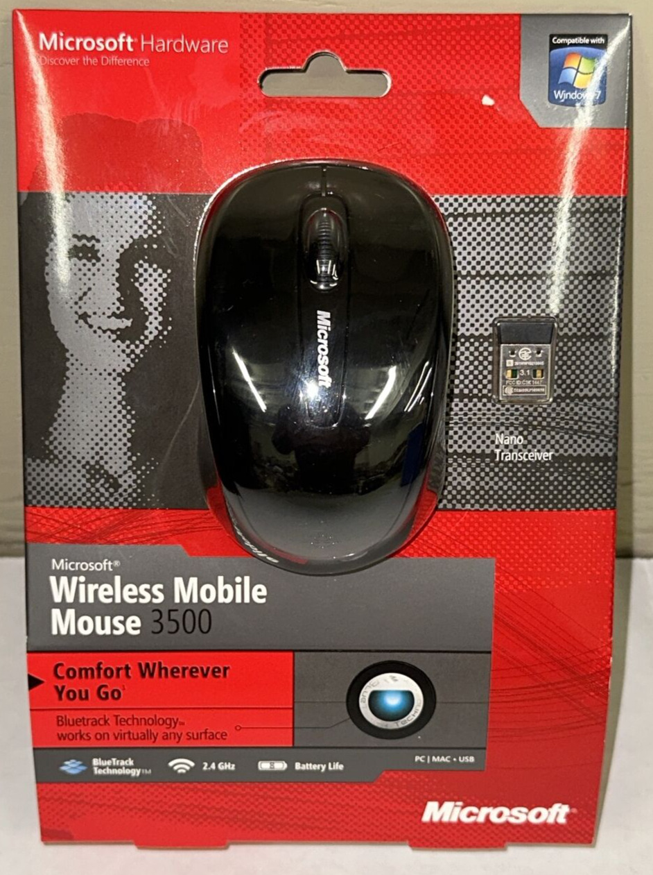 NEW NOS Microsoft Wireless Mobile 3500 Mouse ALL BLACK Bluetrack Technology USB