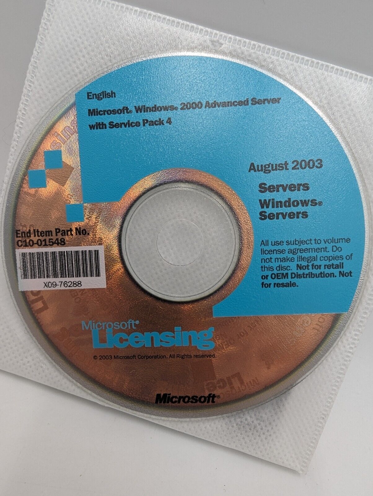 Microsoft Licensing 2003 Windows 2000 Server SP 4 August 2003 CD Disk