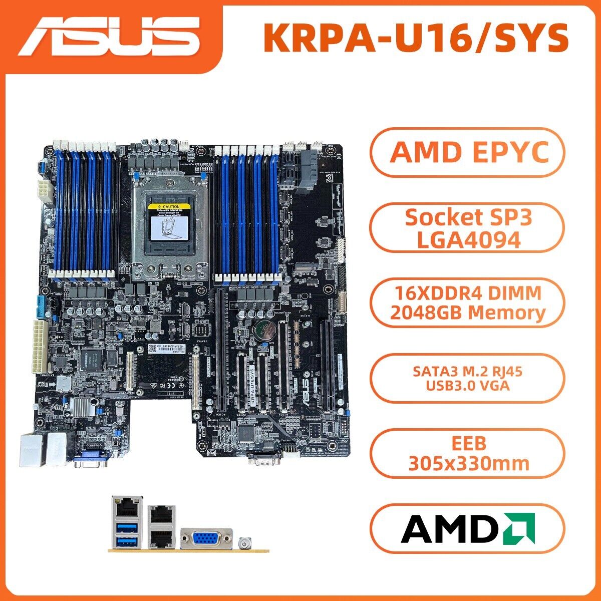 ASUS KRPA-U16/SYS Motherboard EEB AMD EPYC Socket SP3 LGA4094 DDR4 SATA3 VGA