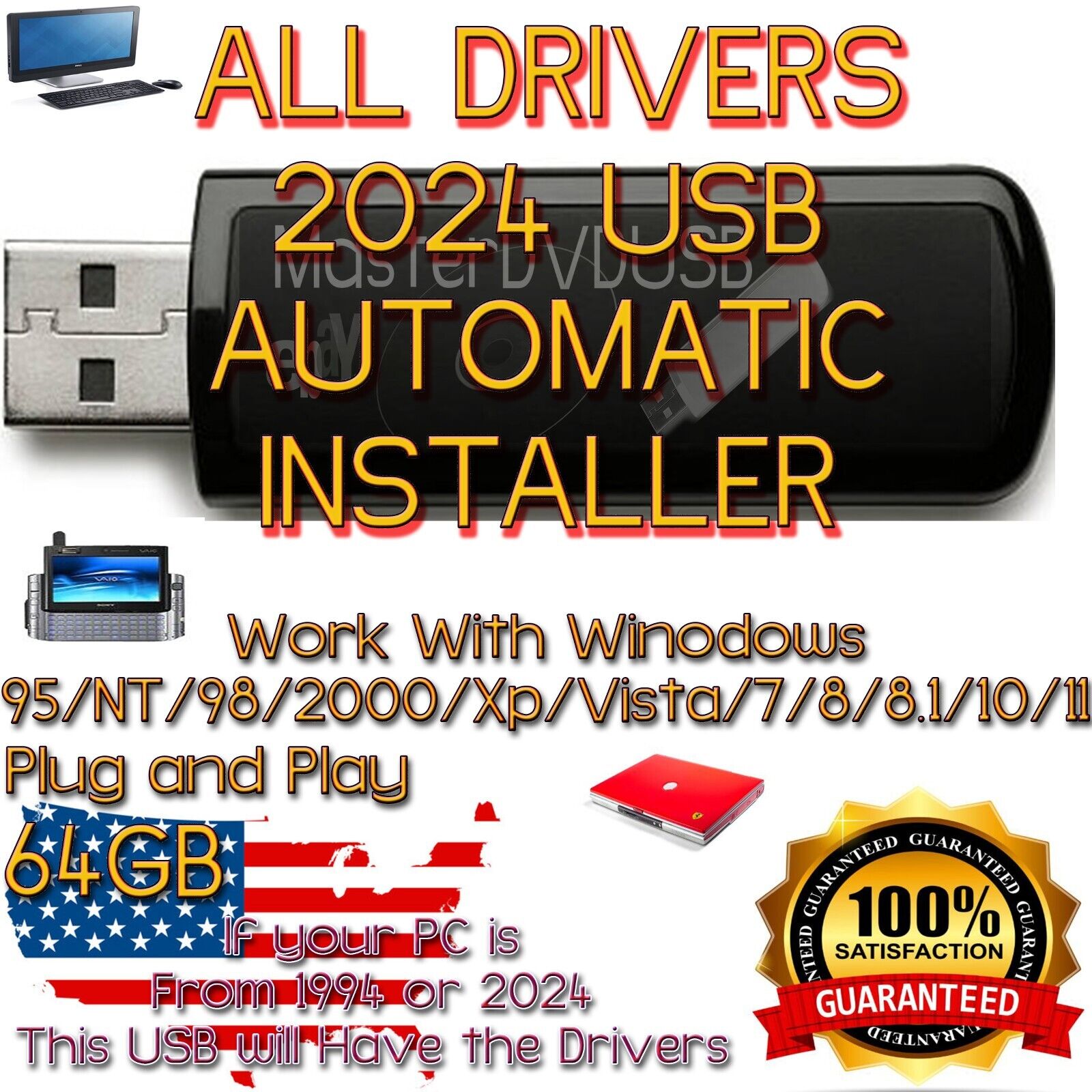 Ultimate Driver Solution - 64GB USB All Windows NT/95/98/2000/xp/7/8/10/11 USA
