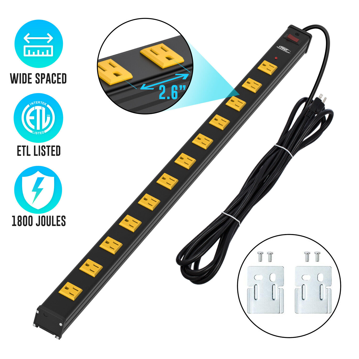 CRST Heavy Duty Power Strip Bar Surge Protector 12-Outlet 15FT Long 1800 Joules