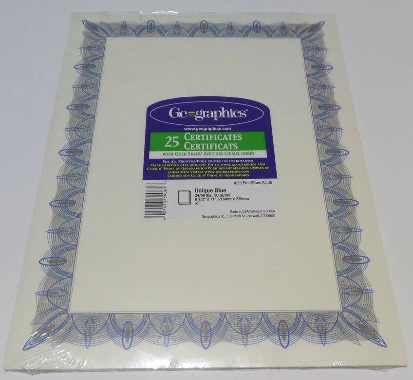 Pack of 25 Geographics Unique Blue Certificates with Gold Seals 8-1/2\