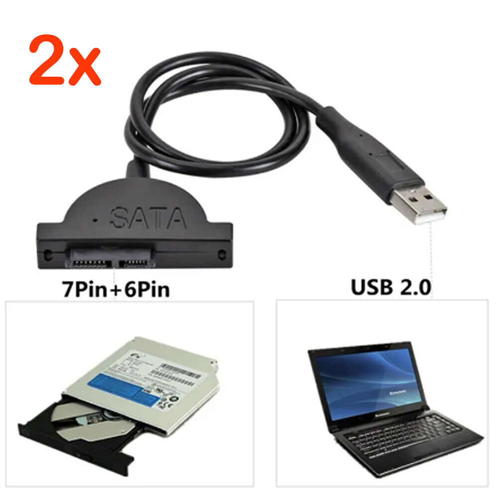 2x USB 2.0 to Mini SATA 7+6 13Pin Adapter Cable for Laptop CD/DVD ROM Drive