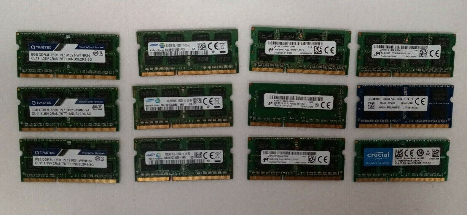 Lot of 12PCs 8GB Mixed Brand & speed PC3L Laptop Memory RAM Total: 96GB(12x 8GB)