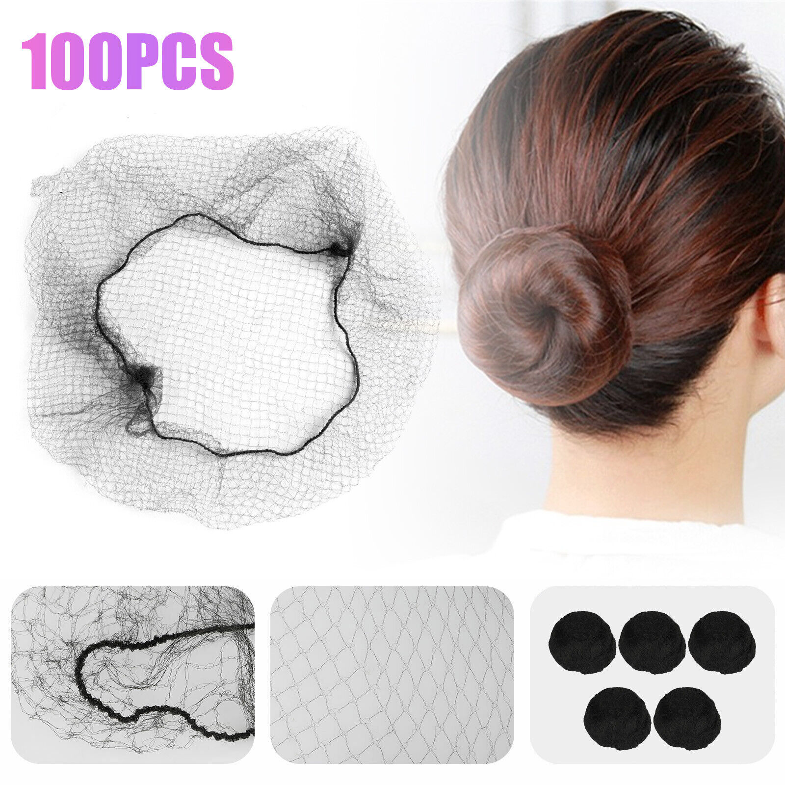 100X Invisible Black Hair Nets Elastic Edge Mesh Hairnet Stretch Cover Mesh Bun