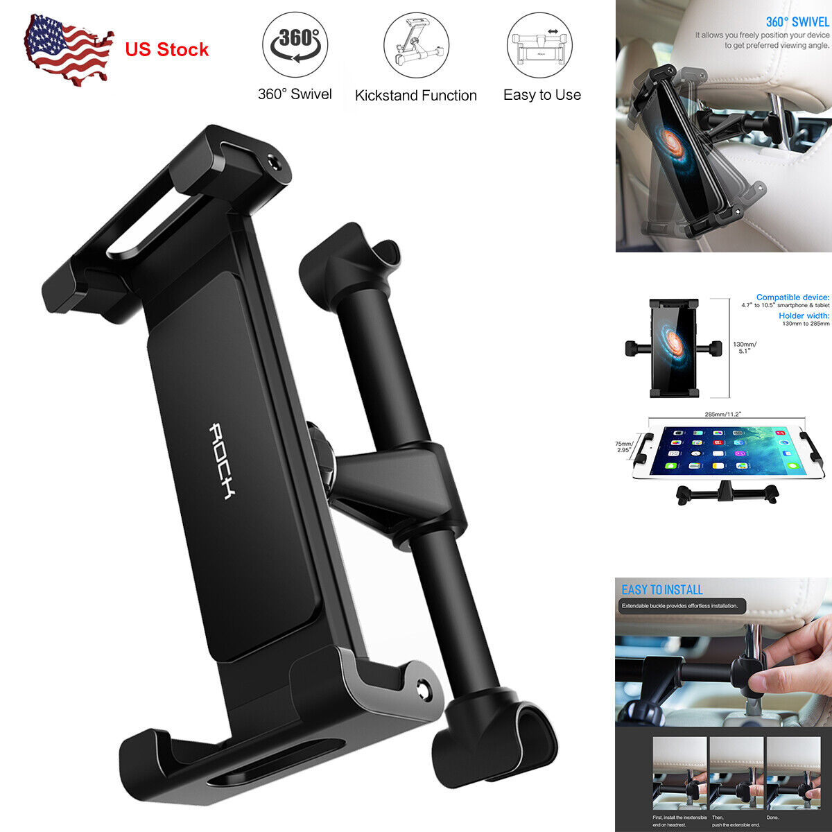 360° Rotating Car Seat Headrest Mount Holder Stand for Cell Phone Tablet iPad