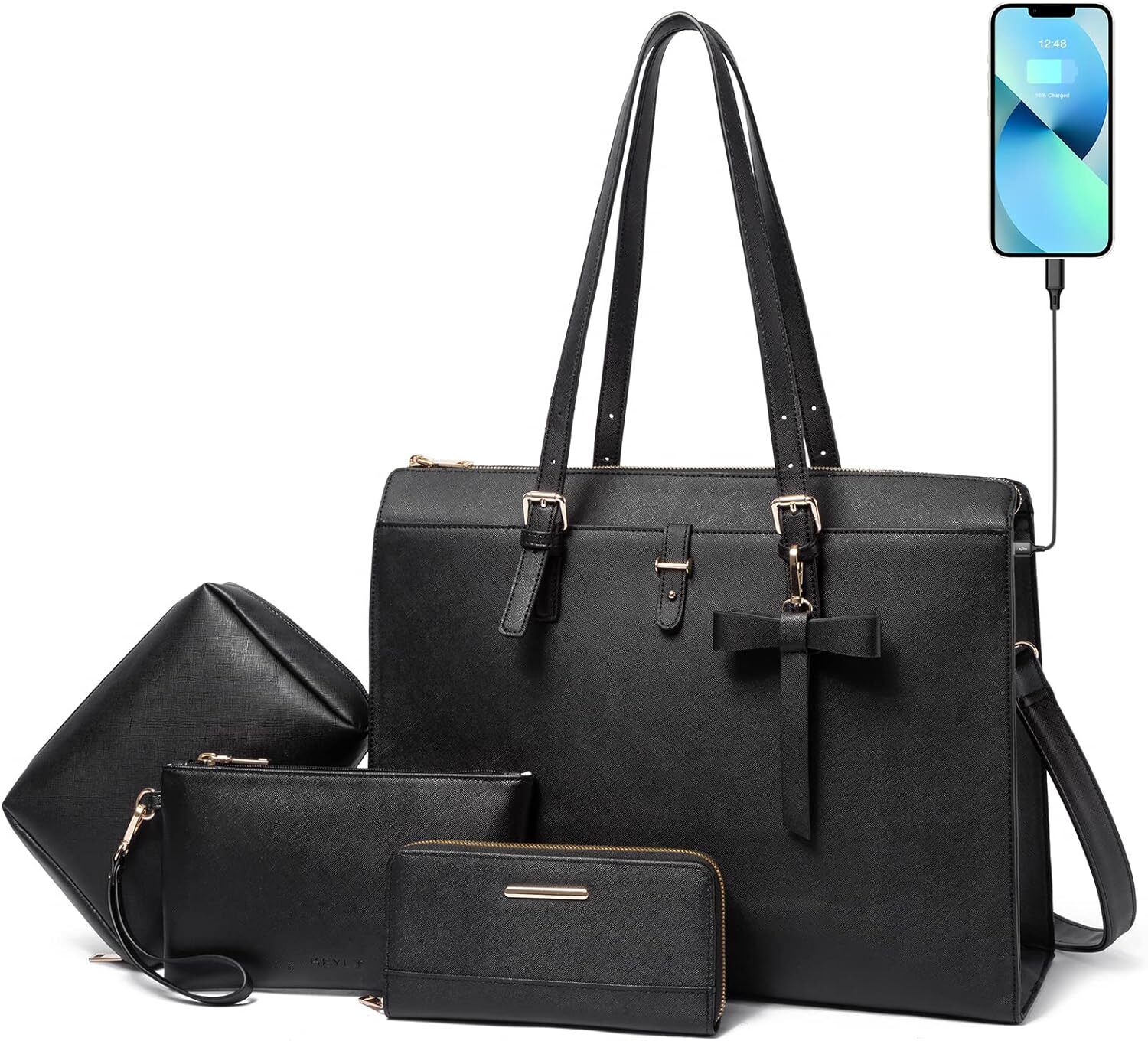 Keyli 4pc Sets Laptop Bag for Women Large Leather Briefcase with Black 