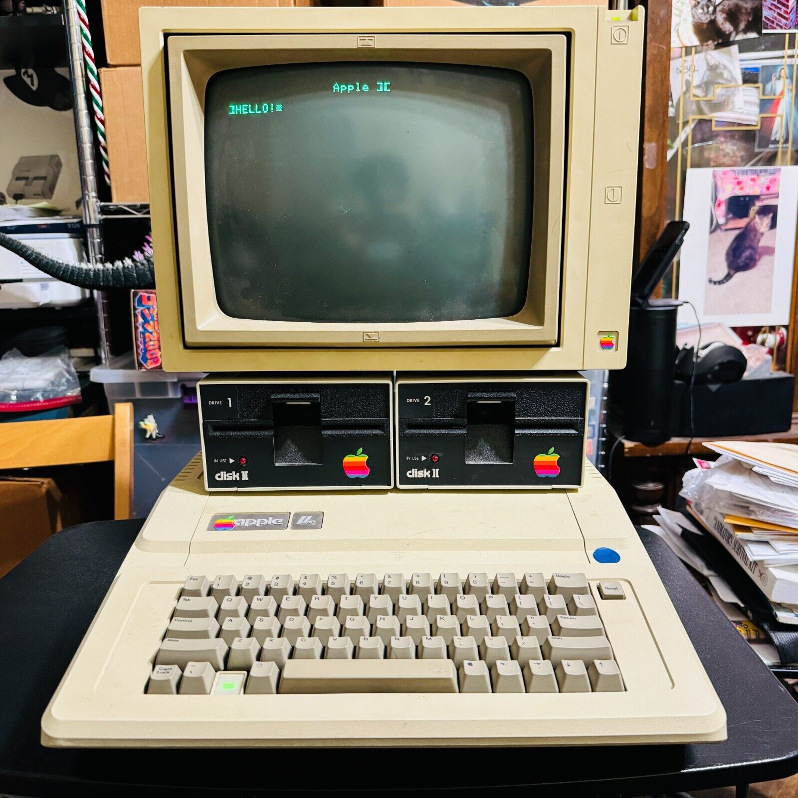 Apple IIe Computer A2S2064  Monochrome Monitor A2M6017 2 Disk Drive 64k Mem&More