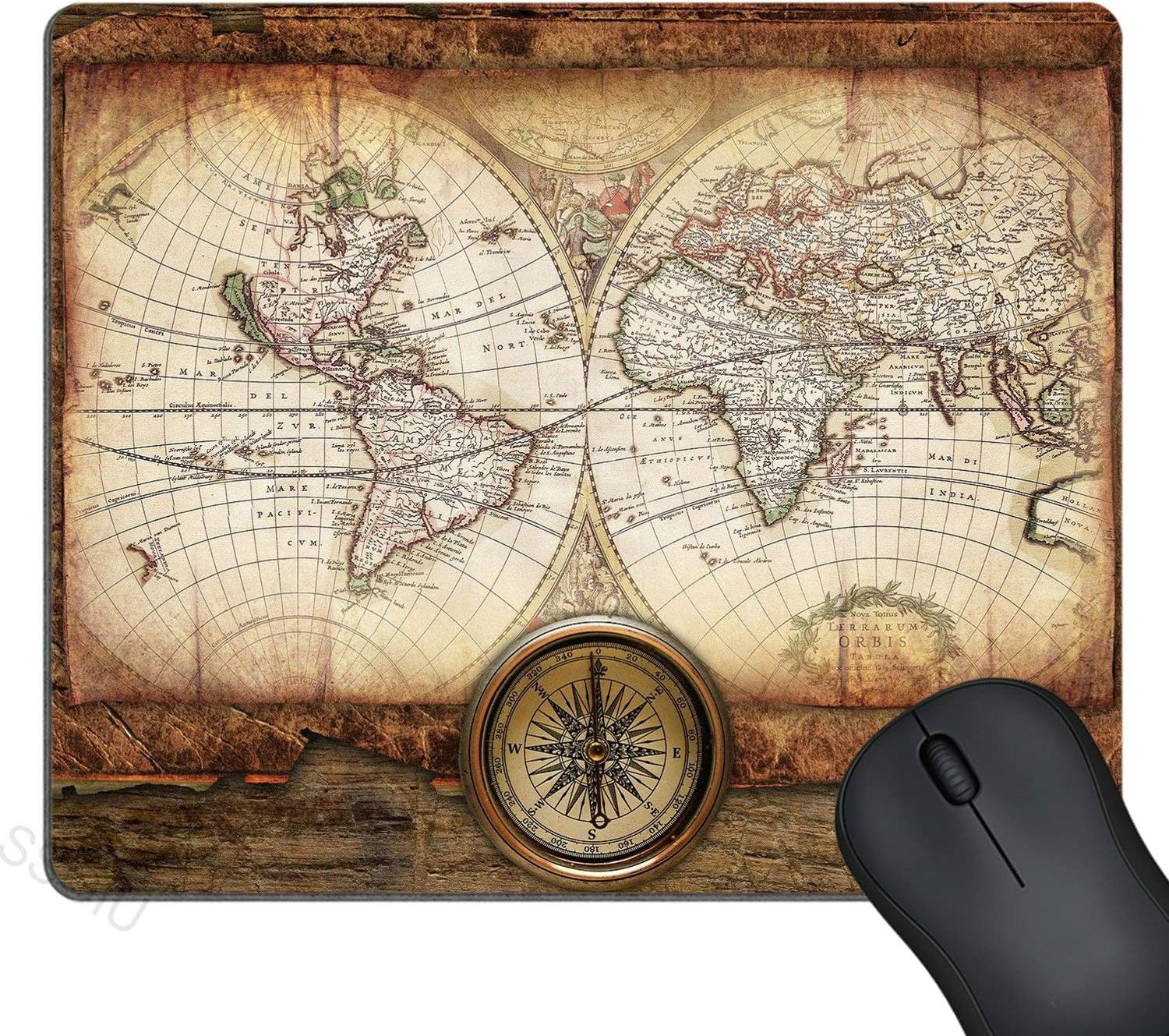 Gaming Mouse Pad Custom Design, Vintage World Map Gold Compass on the Old Wood
