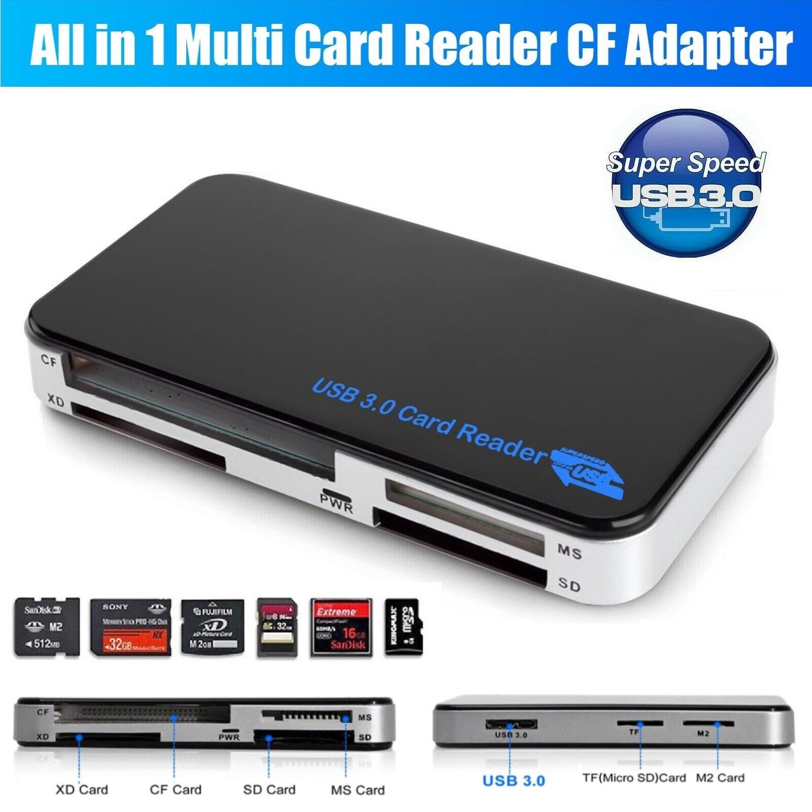 6 in 1 USB 3.0 Compact Flash Memory Card Reader Adapter 5Gbps for CF TF SD MS XD