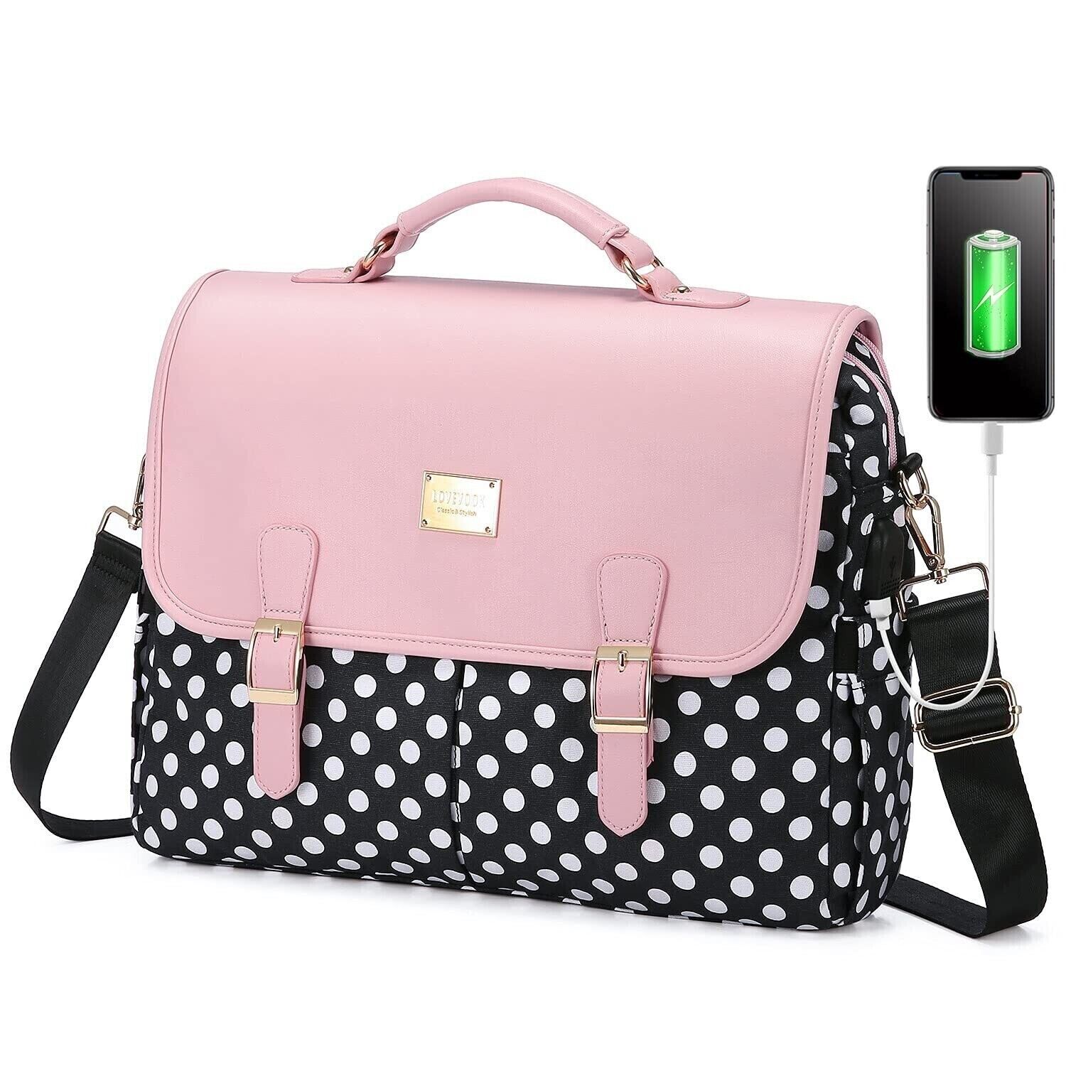 LOVEVOOK Pink Polka Laptop Messenger Bag for Women 15.6 Inch NWTS sb