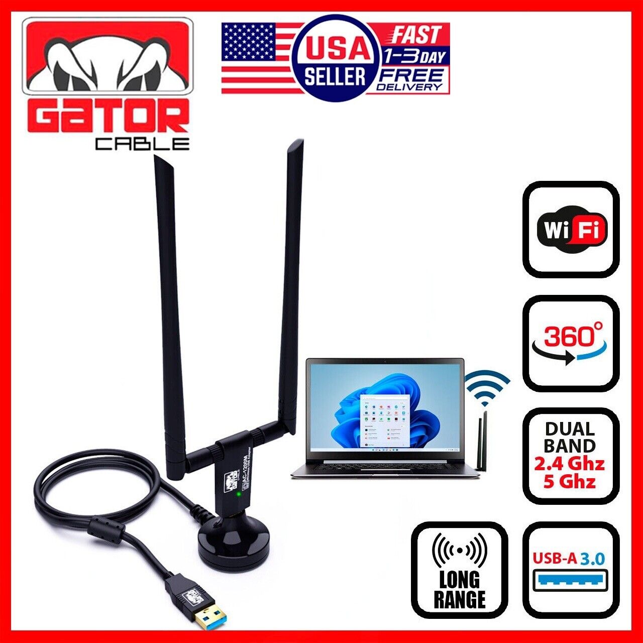 WiFi Wireless Antenna USB 3.0 Adapter Long Range 1200Mbps Dual Band 5GHz 2.4GHz