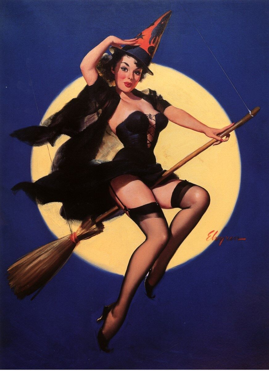 HALLOWEEN WITCH ON BROOM PINUP ELVGREN 1958 VINTAGE REPRODUCTION POSTER 11\
