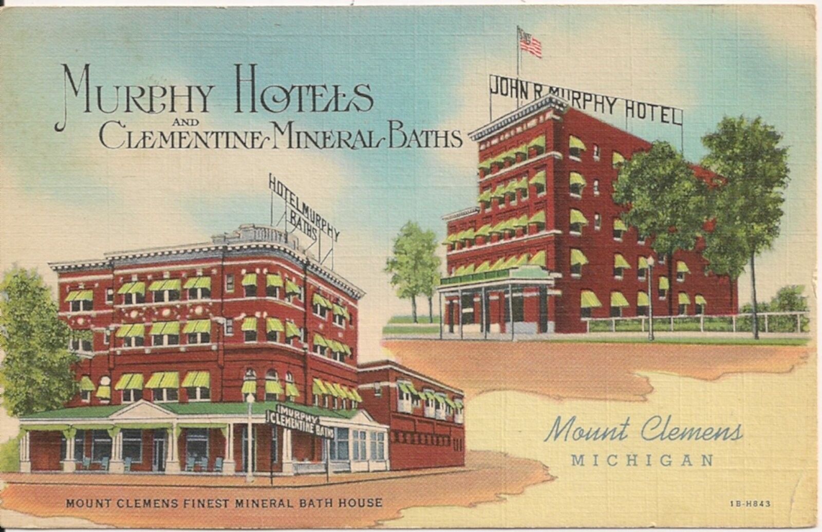 Murphy Hotels and Clementine Mineral Baths Mount Clemens MI Postcard