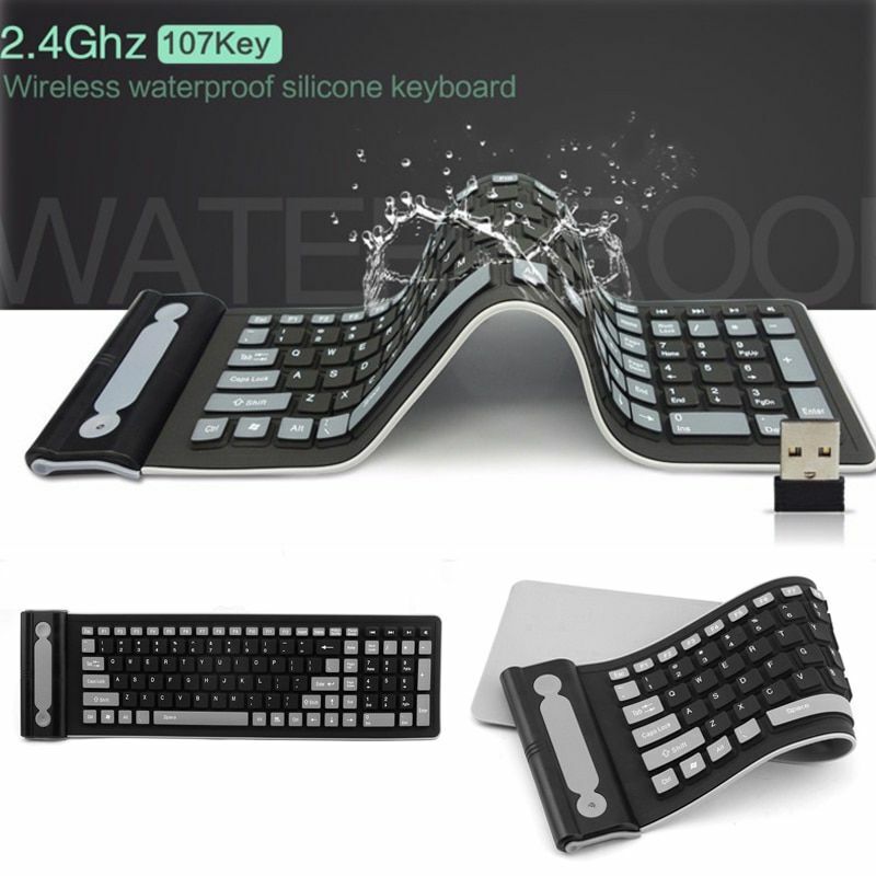 Wireless Keyboard Foldable Silicone 2.4G USB Flexible Waterproof Slim For PC