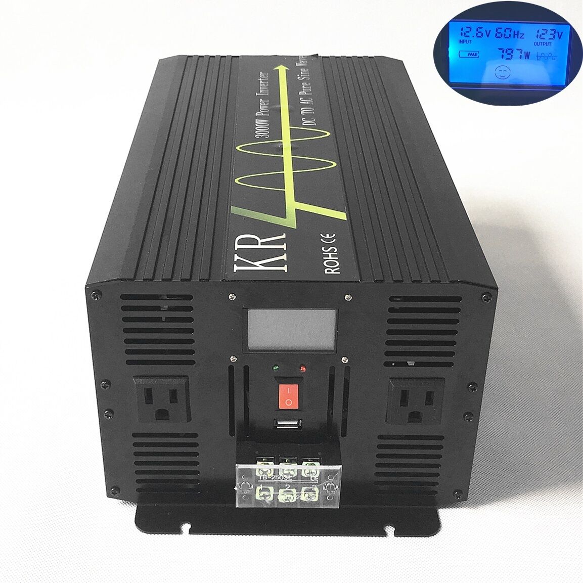LCD 3000W Solar Power Inverter Off Grid Pure Sine Wave 12V/24V to 120V/220V USB
