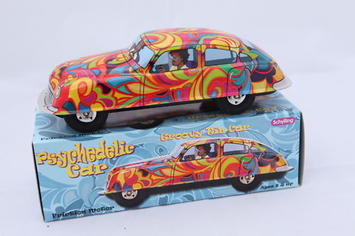TIN TOY CAR 60\'S STYLE PSYCHEDELIC HIPPY CAR FRICTION GIFT BOX 