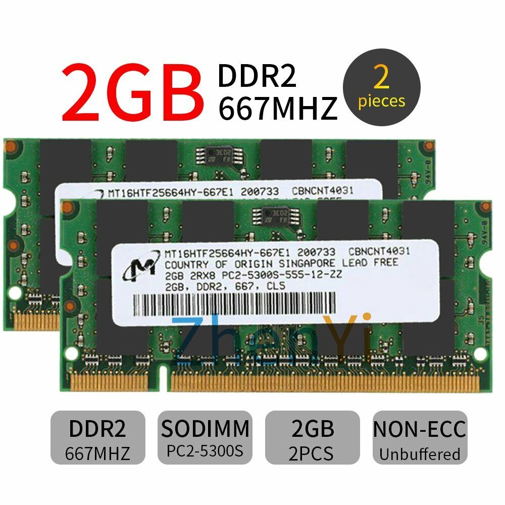 4GB 2x 2GB PC2-5300S 2Rx8 DDR2 667MHz 200Pin CL5 SODIMM Laptop Memory RAM Micron