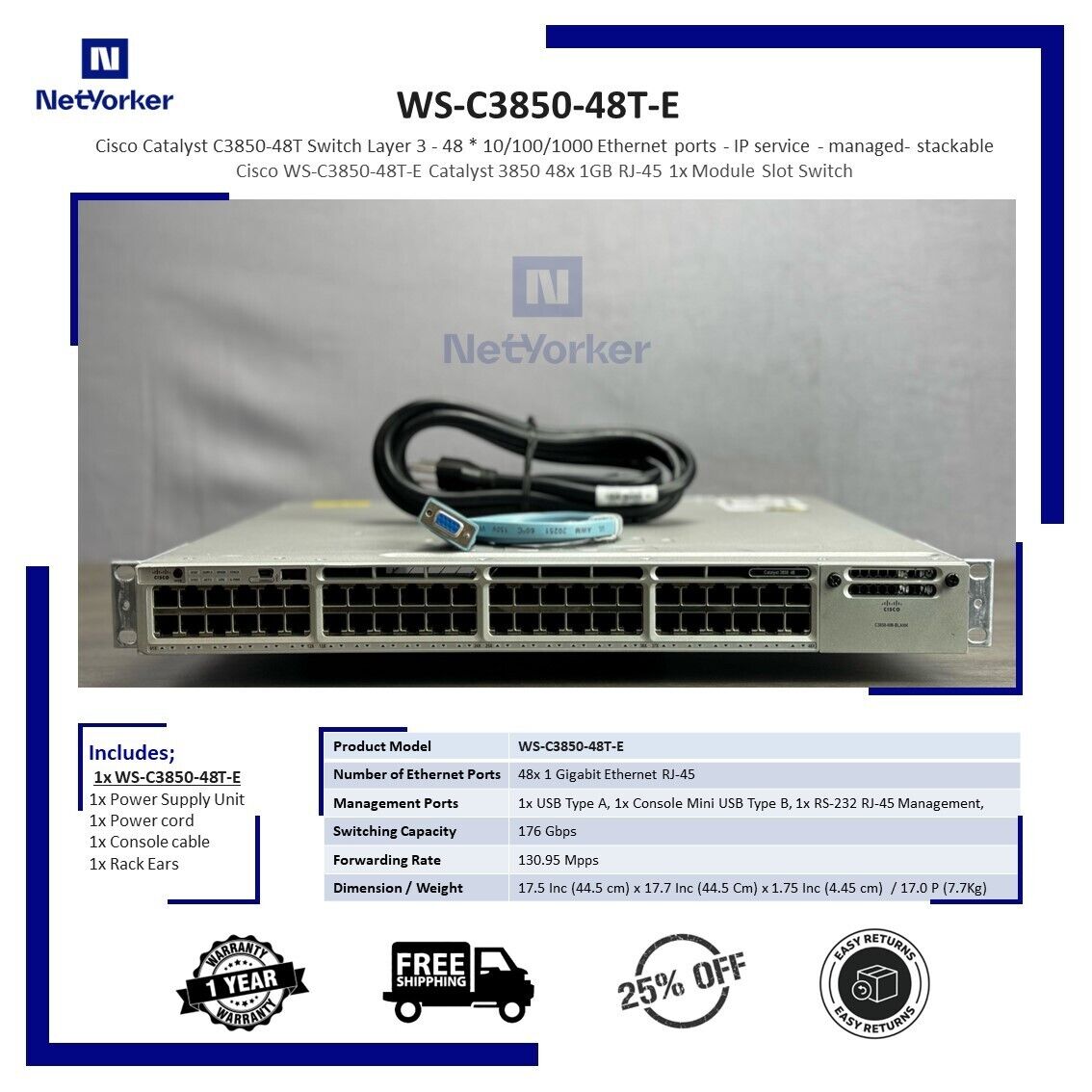 Cisco WS-C3850-48T-E Catalyst 3850 48x 1GB RJ-45  Switch - Same Day Shipping