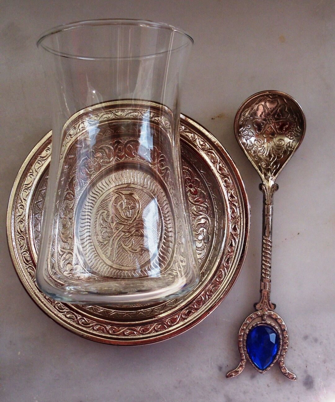 Turkish Tea Glass Cup & Copper Saucer & Spoon, Chick -Elegant Gift Set-M.05-a