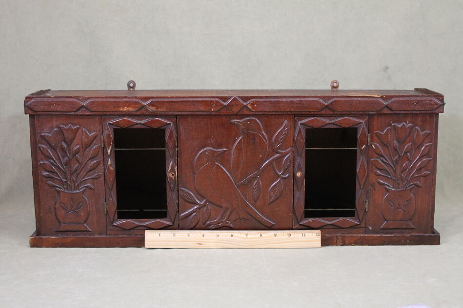 Antique American Tramp Folk Art Hand Carved Wood Wall Cabinet Cupboard w/ Birds