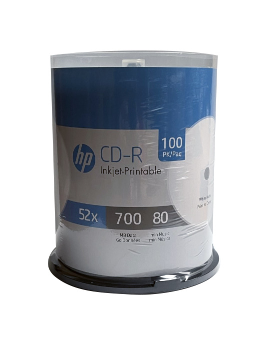100 HP CD-R CDR  White Inkjet Hub Printable Disc 700MB 80Min Spindle Cake Box