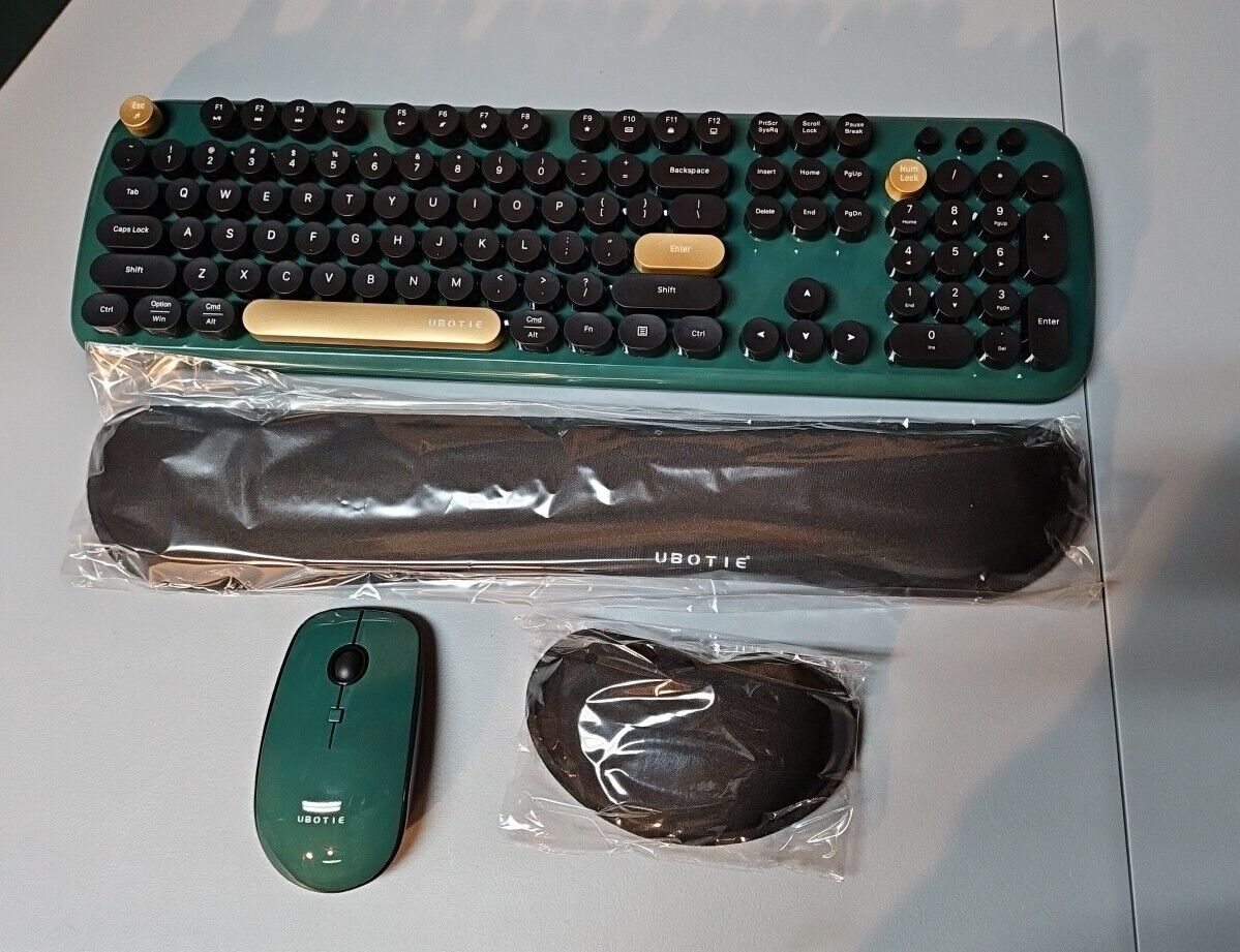 UBOTIE Green/Gold Wireless Keyboard and Mouse, with Wrist Rests- NEW
