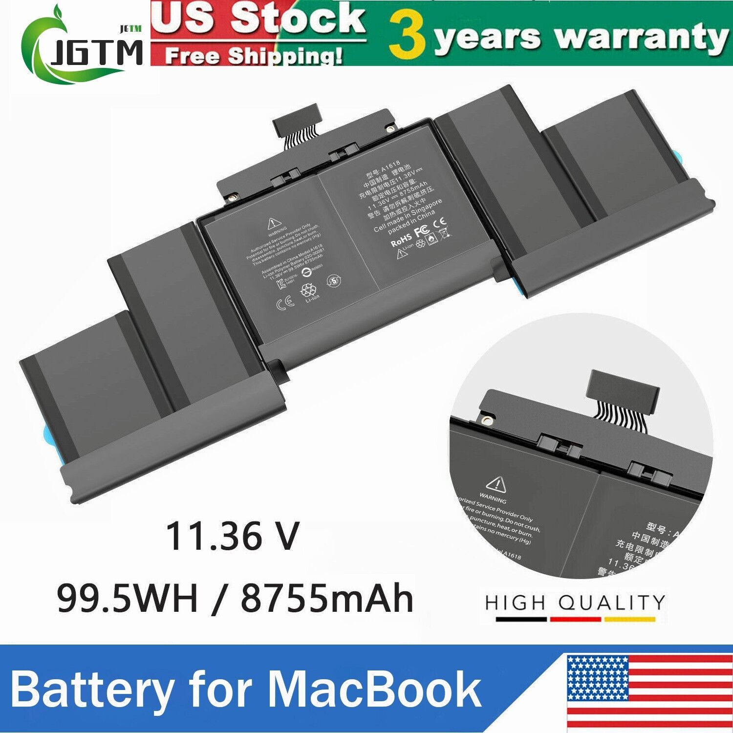 A1618 Battery For MacBook Pro 15''Retina A1398 Late 2013 Mid 2014 2015 99.5Wh US